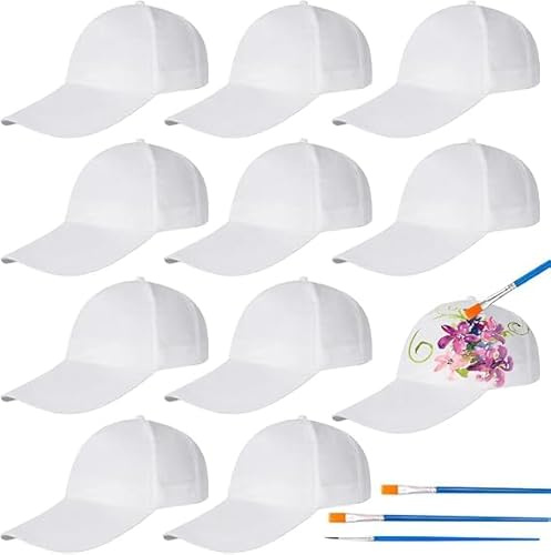 WAVATA Juego de 10 Gorras de Béisbol para Manualidades y Graffiti - Kit de Bricolaje para Pintar en Color Blanco para Niños