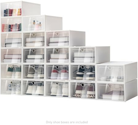 Susoso Set de 20 cajas para zapatos, organizador de zapatos de PP Plegable y con instalación DIY Caja de almacenamiento de plástico transparente Organizador de zapatos para la sala de estar 33 x 23 x