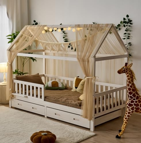 ALAVYA HOME - Set di 3 pezzi di decorazione per letto per bambini, con 2 baldacchini, 1 ghirlanda di bandiere da 300 cm di lunghezza, 150 x 350 cm, 100% cotone biologico (Beige)