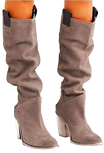Stivali da donna con tacco – Stivali in pelle scamosciata con tacco alto al ginocchio, stivali western, casual, sopra il ginocchio, da cowboy, beige., 39 EU