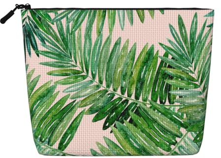 EZDLOWVBA Palm Tree Leaves Print Palm Tree Leaves Print Fake Hemp Makeup Bag â€“ Travel, and Daily Storage Essential â€“ Reusable Cosmetic Bag, Zipper Pouch, Make-Up Tool