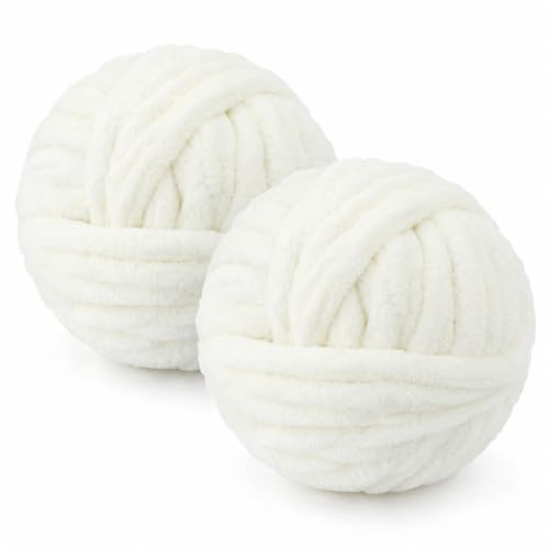 Chunky Yarn Wool 2×250g 54m, XXL Soft Fluffy Chunky Wool for Hand Knitting | 2CM Thick Jumbo Chunky Wool Balls Blanket Yarn for Scarves, Bags, Hats, Pillow, Cushion, DIY Crafts (White)