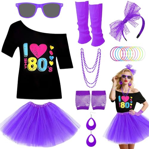 80s Costume Accessories Set for Women, 1980s Neon Party Kit with T-shirt Tutu Skirt Headband Earring Necklace Glasses Bracelet Fishnet Gloves Leg Warmers for 80s Retro Party Dress up (Purple, M)