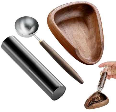 Eventerde Taza medidora de granos de café, vaso dosificador de madera para preparar café con mango ergonómico, herramienta de preparación ergonómica con botella pulverizadora integrada para cafetería