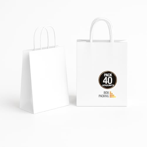 BOXPACKING | 40 Vita Papperspåsar med Handtag | Vit Papperspåse | 40 Påsar 32x24x11 cm | Stora Papperskassar | Vita Papperspåsar för Gåvor, Fester och Födelsedagar | Presentpåsar Storpack | Kraftpåsar