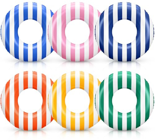 Gemscream 6 Pcs Large Striped Inflatable Pool Floats 29.13 Inch Swimming Pool Tubes Classic Striped Swimming Rings for Adults Teens Summer Beach Holidays Party (Dark Multicolor)
