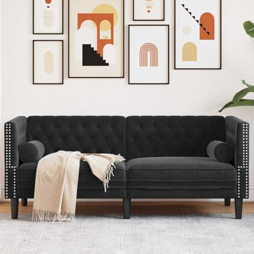 FWIKDUN Chesterfield Sofa Schwarz 174 x 74,5 x 70,5 cm mit gepolstertem Samt, Knopfheftungen und gerollten Armen, Samtsofa mit Schaumfüllung