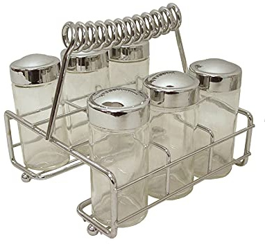 Set 6 Especieros Cocina Cristal Grueso 80ml con Tapa Rosca Filtro Interior Soporte Metálico Cromado Compacto Frascos Condimentos Decorativos Tarros Vidrio Encimera Regalo Funcional Cocina Moderna