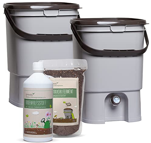 Kit de démarrage Bokashi - Design japonais - 2 seaux (gris) + ferment Bokashi + EM actif + brochure Bokashi