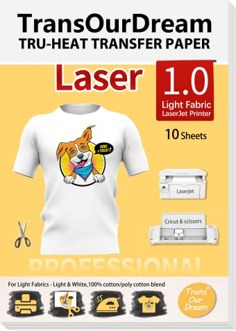 TransOurDream Tru-Transfer Paper for Laser Printer 10 Sheets A4 Iron on Transfers for Cotton Heat Transfer Paper for Light Fabric White T-Shirt Easy to Use DIY Gifts