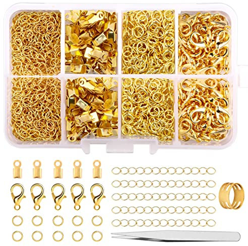 300 Pcs Jewellery Clasps Set, with Lobster Clasps Jump Rings, Crimp Ends, Chain Extender, Jump Ring Opener and Tweezer, Bracelet Clasps Necklace Clasps for Jewellery Making DIY Craft (Gold)