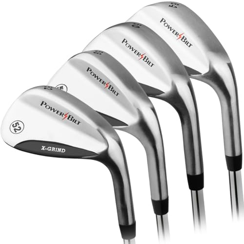 Men’s Golf Wedge Set: Powerbilt X-Grind 4-Piece 52/56/60/64 Degree Pitching-Wedge, Sand-Wedge, Lob-Wedge, Utility-Wedge Bundle, Right Hand Golf Wedges