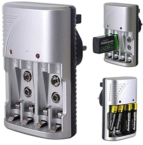 AA AAA Battery Charger,Compact 4-Pack Fast Battery Charger for AA AAA & 9V Sizes (PP3) NiMH & NiCD Rechargeable Battery (Battery Not Included) UK Plug