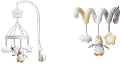 Nuby Musical Cot Mobile for Babies with Adjustable Arm to Fit All Cots. Cute Plush White and Grey Characters & 99618 Penguin Activity Spiral Toy for Pram, Carseat or highchair Travel Baby