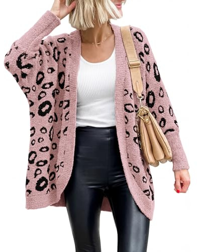 BTFBM Leopard Cardigan for Women Long Sleeve Open Front Cardigans Sweaters Pockets Loose Knit 2026 Fall Spring Outwear(Pink, X-Large)