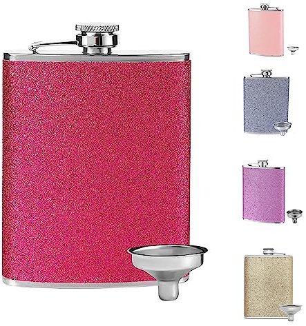 Hezhou Petaca pequeña con purpurina para mujer, con embudo, portátil, de acero inoxidable, portátil, de acero inoxidable, para senderismo, escalada, camping, 235 ml (rosa)