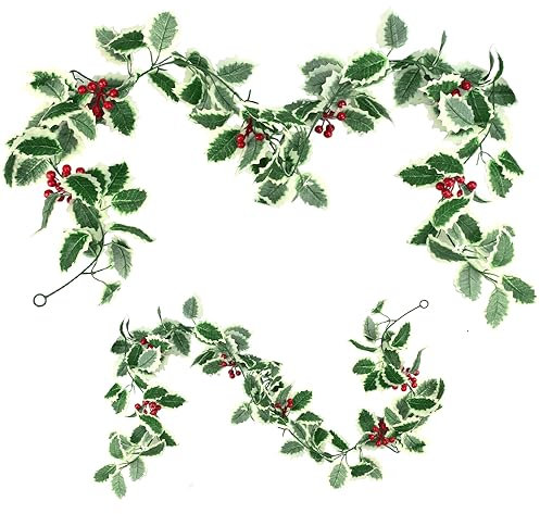 OKUYAN 2PCS Christmas Garland Artificial Holly Leaves And Berries Garland Xmas Berry Garland Red Berries Hanging Vine with Holly Leaves Winter Garland for Home Party Indoor Outdoor Decor(5.58ft/pc)