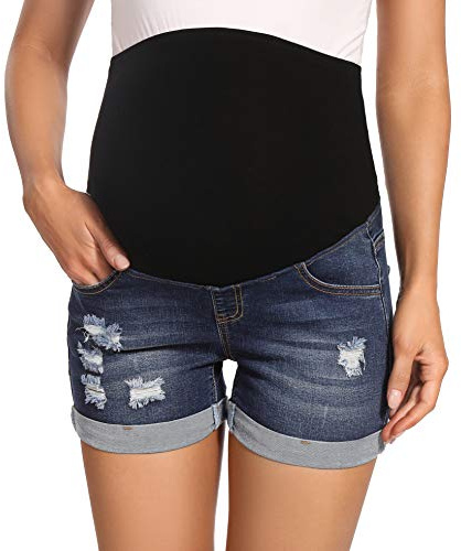 Foucome Pantaloncini di jeans premaman sopra la pancia Gravidanza Denim Lounge Shorts a vita alta con risvolto Pantaloncini di jeans, Blu scuro, S