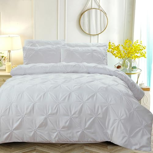 Housse de Couette 240 x 260 Blanche Plissée Unie Parure de Lit Microfibre 2 Personnes Adulte Linge de Lit Uni Parure Housse Couette Zippée 240x260 avec 2 Taies d'oreiller 65x65 cm Fermeture Éclair