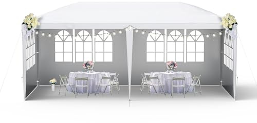 HENGMEI Paviljong 3 x 6 m festtält, trädgårdstält, trädgårdspaviljong med 4 sidodelar, solskydd, UV-skydd för trädgård, fest, bröllop, picknick (vit)