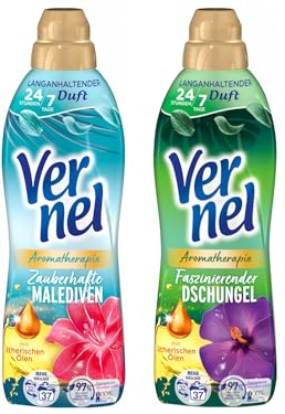 VERNEL Weichspüler-Set 2x 37 Waschladungen (74WL) Aromatherapie 1x Faszinierender Dschungel & 1x Zauberhafte Malediven, langanhaltender Wäscheduft mit ätherischen Ölen für 24/7 Frische