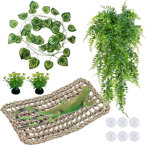 Yoolhamy Bearded Dragon Accessories Gecko Hammock with Reptile Tank Terrarium Hanging Plant Vines Artificial Leaves for Chameleon Lizards
