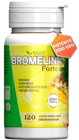 BROMELINA FORTE Drenante - Ottimo Diuretico con Azione Anticellulite forte, Drenante Gambe e Detox per Pancia Piatta, Alto Dosaggio e Concentrazione 2500 GDU, Made in Italy(120cps) - WELLVIT