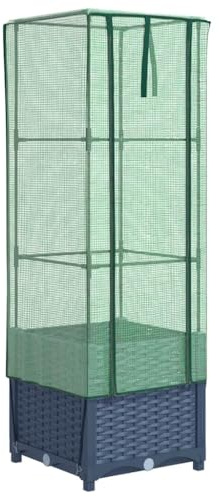 vidaXL Hochbeet mit Gewächshaus-Aufsatz, Pflanzbeet mit Eisenrohr-Rahmen, Gemüsebeet für Garten Terrasse Balkon, Pflanzkasten Frühbeet, Rattan-Optik