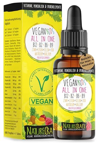 Vegan Kids All-in-One Tropfen - Vitamin B12+B2+B6+B9 Folsäure + Zink + Eisen + Selen + Natrium + Kalium + Jod - Komplex mit natürlichem Tropical Fruchtgeschmack (20ml = max. 4 Monats-Vorrat)