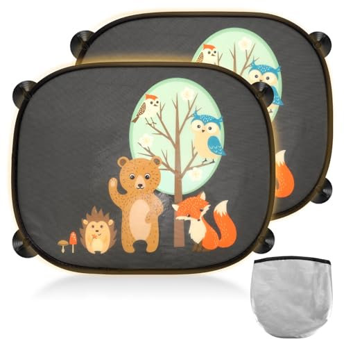 2 Stück Sonnenschutz Auto Baby, 45x35.5cm UV-Schutz Sonnenblende mit 8 Saugnäpfen, Auto Sonnenschutz Baby mit Süßen Tier Motiven (Tiere und Wälder)