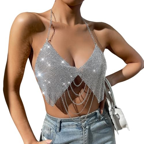 BrightGlow paljetttopp med halterneck damer sexig djup V-kedja hållare tank topp halterneck bh sexig glitter paljetter metallisk crop top ärmlös rygglös metallväst paljett bh kedja