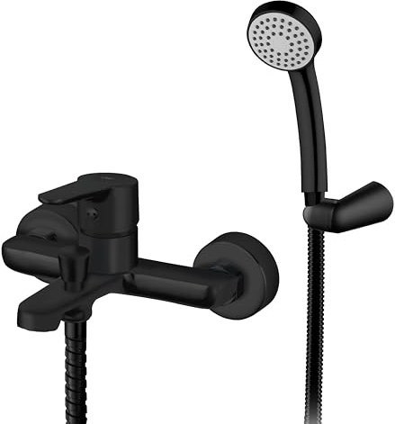 HOMSSY Grifo Monomando para Bañera de Latón con Acabado en Negro Mate, Montaje en Pared con Salida para Ducha, Diseño Estilizado (Negro)