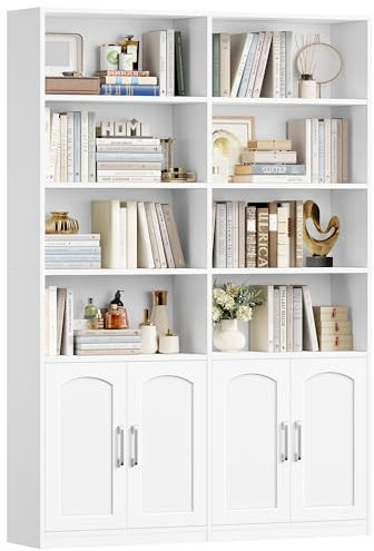 FirFurd Bücherregal weiß Bücherschrank mit Türen Regal 12 Fächern Vitrinenschrank Standregal Hochschrank für Wohnzimmer Büro Küche 115 x 27 x 185,5 cm