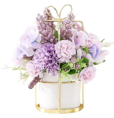 Konstgjorda blommor i vas silkesblommor, rosa pion konstgjorda blommor, badrumsdekorationer, keramisk blomkruka metallram dekoration bröllop bordsdekoration födelsedag bordsdekorationer (lila, 20 cm)