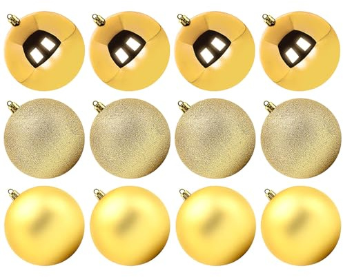 Benjia Extra Large Christmas Baubles, Giant Big Huge Xmas Shatterproof Plastic Ball Ornaments Set for Outdoor Outside Lawn Yard Tree Hanging Decorations Decor (10cm/100mm, 12 Packs, Gold)