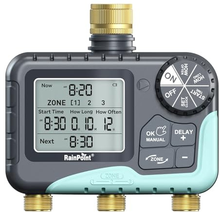 RAINPOINT Centralina Irrigazione 3 Uscite Con Ampio Display Lcd, ingresso e uscita in ottone, Timer Irrigazione Automatico Con Modalità Di Ritardo Pioggia/Manuale/Automatica per Prato Da Giardino
