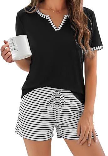 Demegimi Pyjama Femme Été Ensemble 2 Pièces Short et Haut Manche Courte Col V Vêtements de Nuit Coupe Décontractée Tenue de Détente Pyjashort Respirant pour Maison Sommer