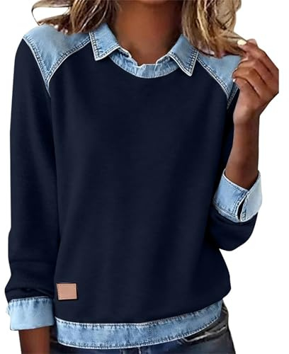 Felpe patchwork in denim da donna Colletto con risvolto Vintage Cuciture Patchwork Camicia di jeans Plus Size Elegante Casual Color Block Pullover Top a maniche lunghe Moda Primavera Uscire Top
