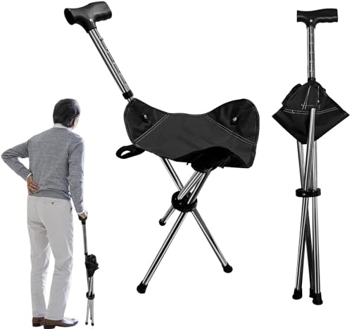 HENYEER Bastone da passeggio pieghevole 2 in 1 con seduta, bastone da passeggio regolabile in altezza a 5 livelli, portatile bastone da passeggio leggero a 3 gambe per anziani, uomini e donne