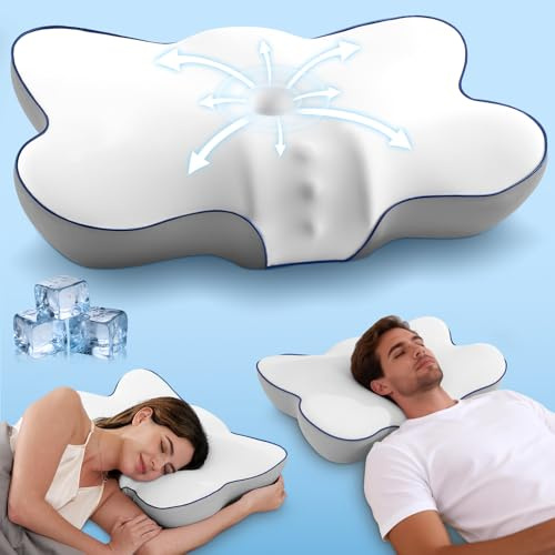 Patented Cervical Neck Pillow for Pain Relief, 5X Support Ergonomic Contour Neck Pillow with 3D Ice-Silk Mesh Cover and Oeko-TEX Memory Foam, Orthopedic Pillow for Back Stomach Sleepers (White)