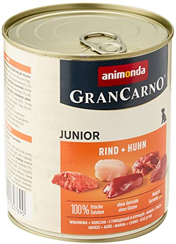 animonda GranCarno Junior Rind + Huhn (6 x 800 g), Welpenfutter für Junge Hunde, Nassfutter für Hunde mit 100% frischen, fleischlichen Zutaten, Junior Hundefutter ohne Getreide