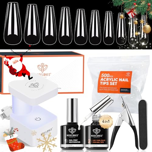 modelones Kit Pose Americaine Ongles, 500 Capsule Americaine Ongle Ballerine, Mini Lampe Uv und Colle Faux Ongles 4 in 1 und Primer Gel, Kit Faux Ongles Long, Kit Manucure Cadeau de Saint Valentin