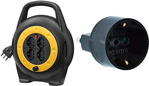 VIMAR 0P32714 Avvolgicavo 10 Metri, Con 4 Prese Universali A Standard Italiano Sicury & Ri.00303N Adattatore Sicury 250 V,Spina 2P+T 16 A Standard Italiano Tipo S17, Nero