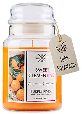 Purple River Große Duftkerze im Glas mit Deckel | Sweet Clementine | Duftkerze Orange | Kerzen lange Brenndauer | Sojawachskerze | Raumduft für Zuhause