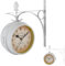 Beufee Vintage Double Sided Wall Clock, Retro White Round Wall Hanging Garden Clocks Outdoor Central Station Wall Clock Hanging Clock for Décor