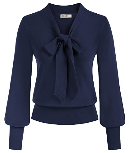 Camisa Elegante para Mujer Manga Larga con Lazo Trabajo Blusa Casual con Cuello en V Azul Oscuro XXL