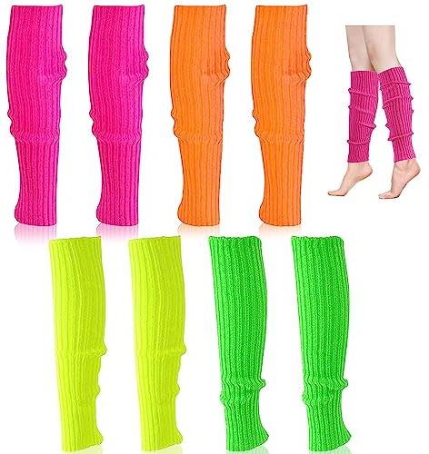 BNGXR Leg Warmers Sweatband Set, 4 Pieces 80s 90s Women's Leg Warmers Legwarmers Neon Stockings Knit Aerobic Costume Accessories for Theme Party Carnival Dance, Yellow, Green, Pink, Orange