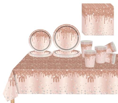 81 Piece Rose Gold Tableware Set for Her - Plates, Cups, Napkins and Tablecloth With Sparkling Diamond Pattern for Birthday, Wedding, Baby Shower Party