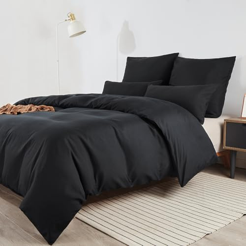 Soifox Sängkläder 180 x 200 svart – tillverkad av mikrofiber, strykfritt och skrynkelfritt påslakan 180 x 200 set med 80 x 80 cm, set om 2, sängkläder med dragkedja