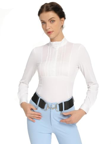 Harrison Howard Camisa de equitación plisada con babero para montar a caballo, camisa de manga larga con bordado, Blanco, M